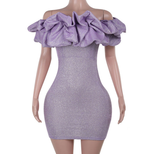 Kvinnors Glittrig Miniklänning Off-Shoulder med Ruffles Elastiskt Tyg 1