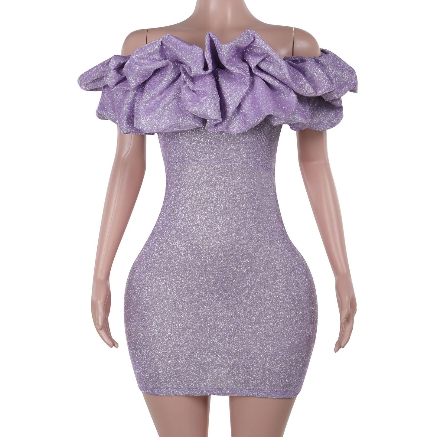 Kvinnors Glittrig Miniklänning Off-Shoulder med Ruffles Elastiskt Tyg 7