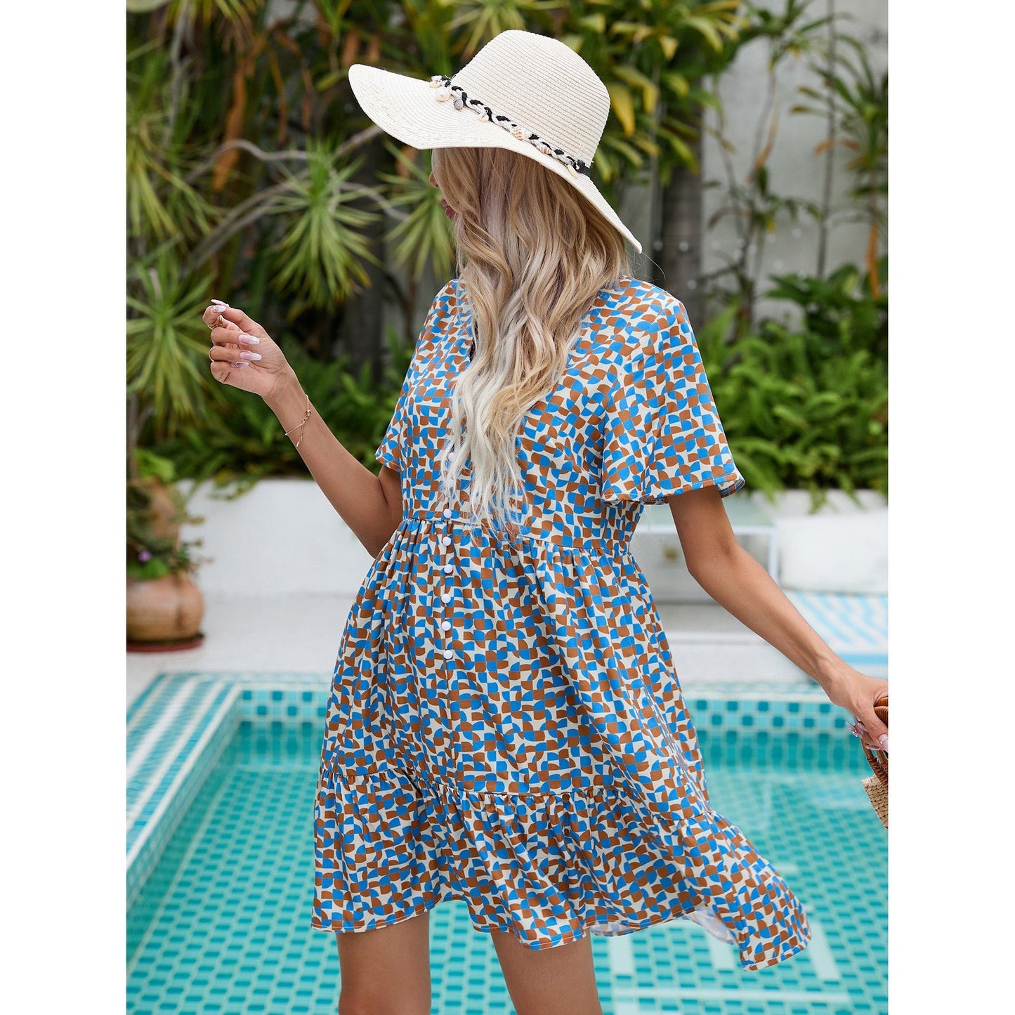 A-linjeformad Midi Klänning för Kvinnor med V-ringning och Kort Ärmar i Polyester - Elegant och Bekväm Stil 5