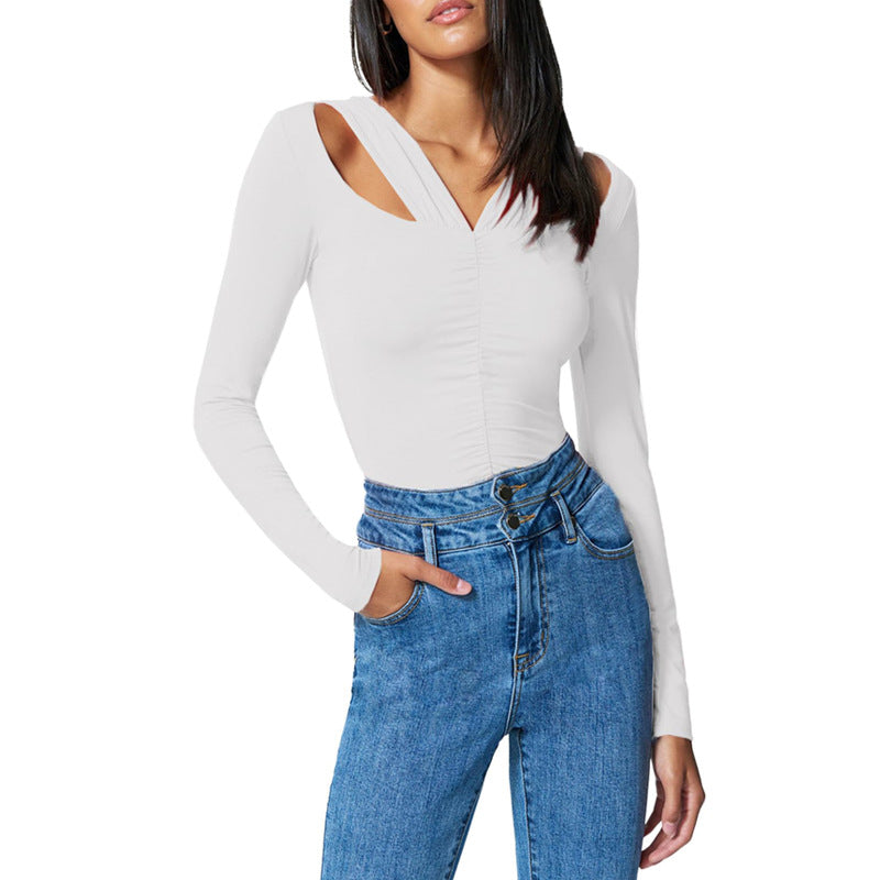 Vit Långärmad Skjorta Dam med V-Neck i Polyester – Trendig och Mångsidig för Vardag och Formella Tillfällen 4