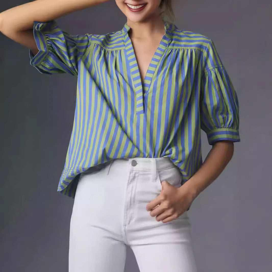 Dam V-hals Topp Randig Lapptäcke Chiffon-3