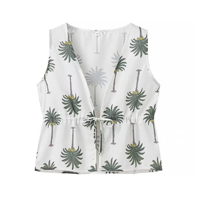 Dam Casual Set Ärmlös Polyester Tryckt Väst och Långa Byxor-2