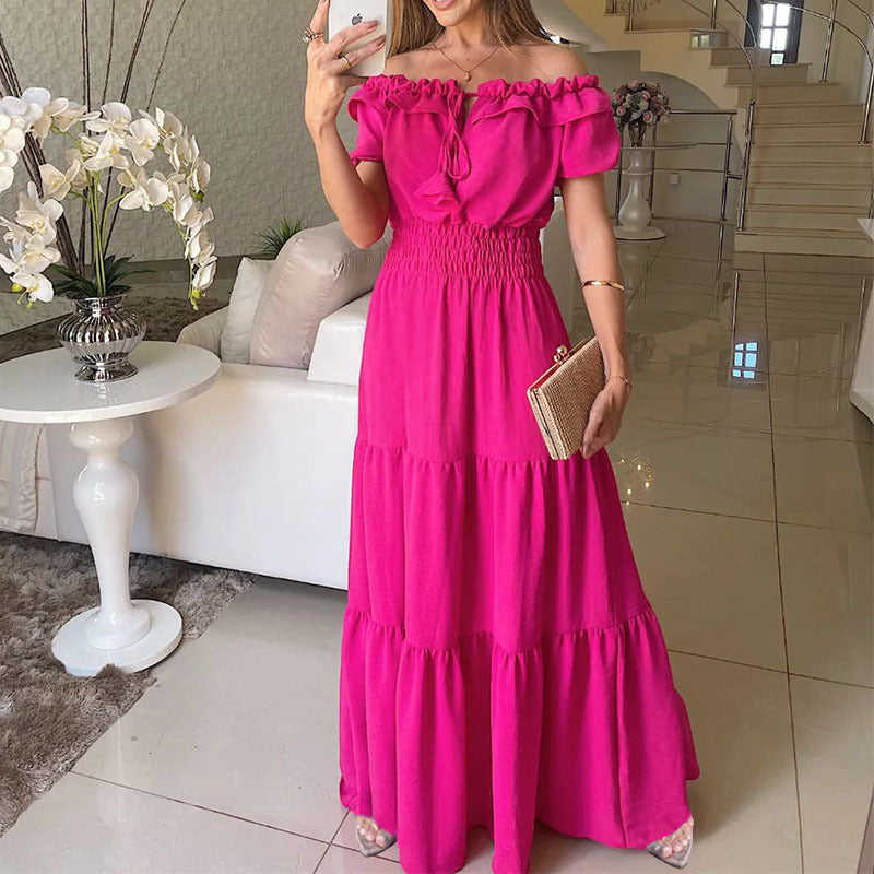 Damklänning Off-Shoulder Rynkad Midja Lång Polyester-3