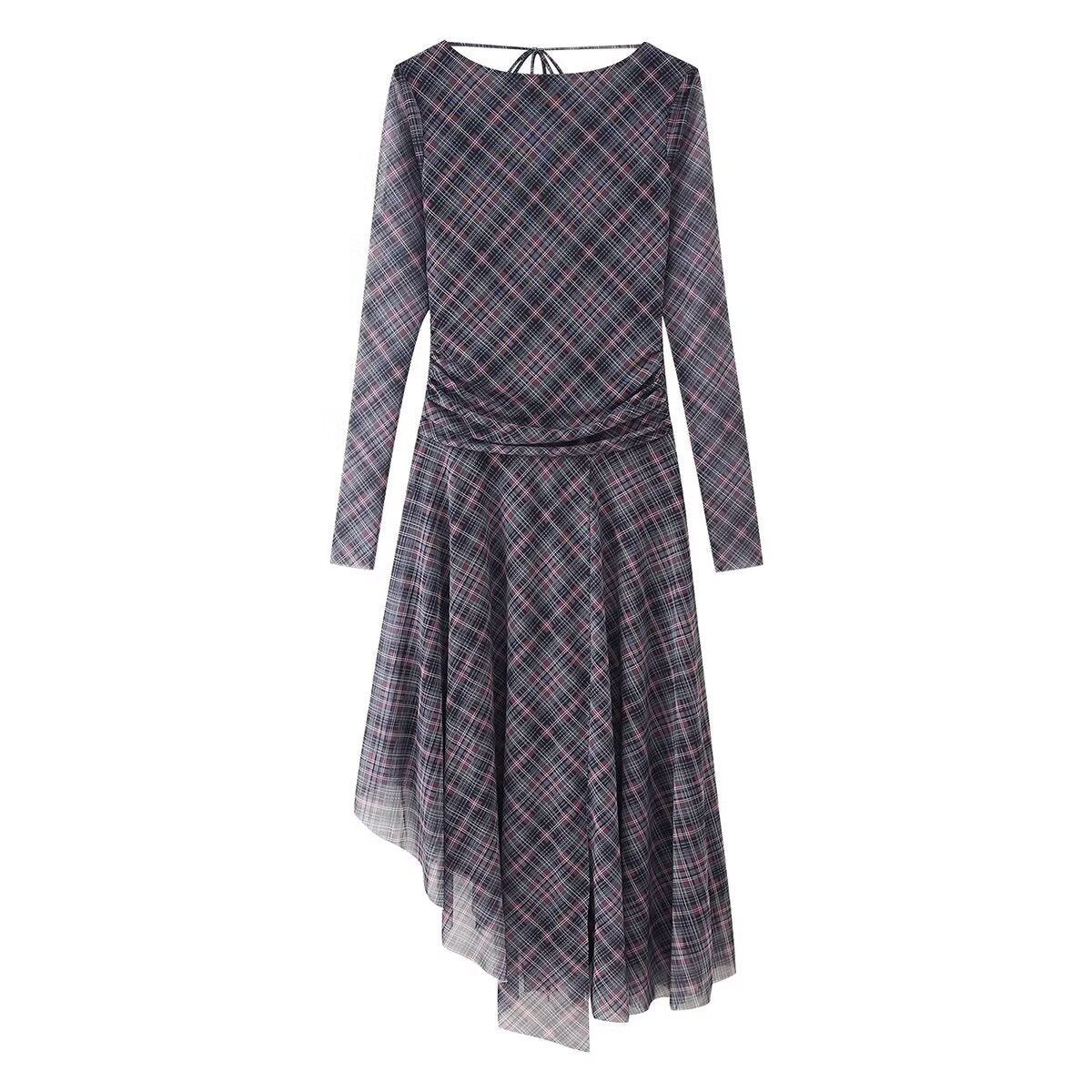 Dam Klänning Rutig A-Line Polyester Midi Långärmad-1
