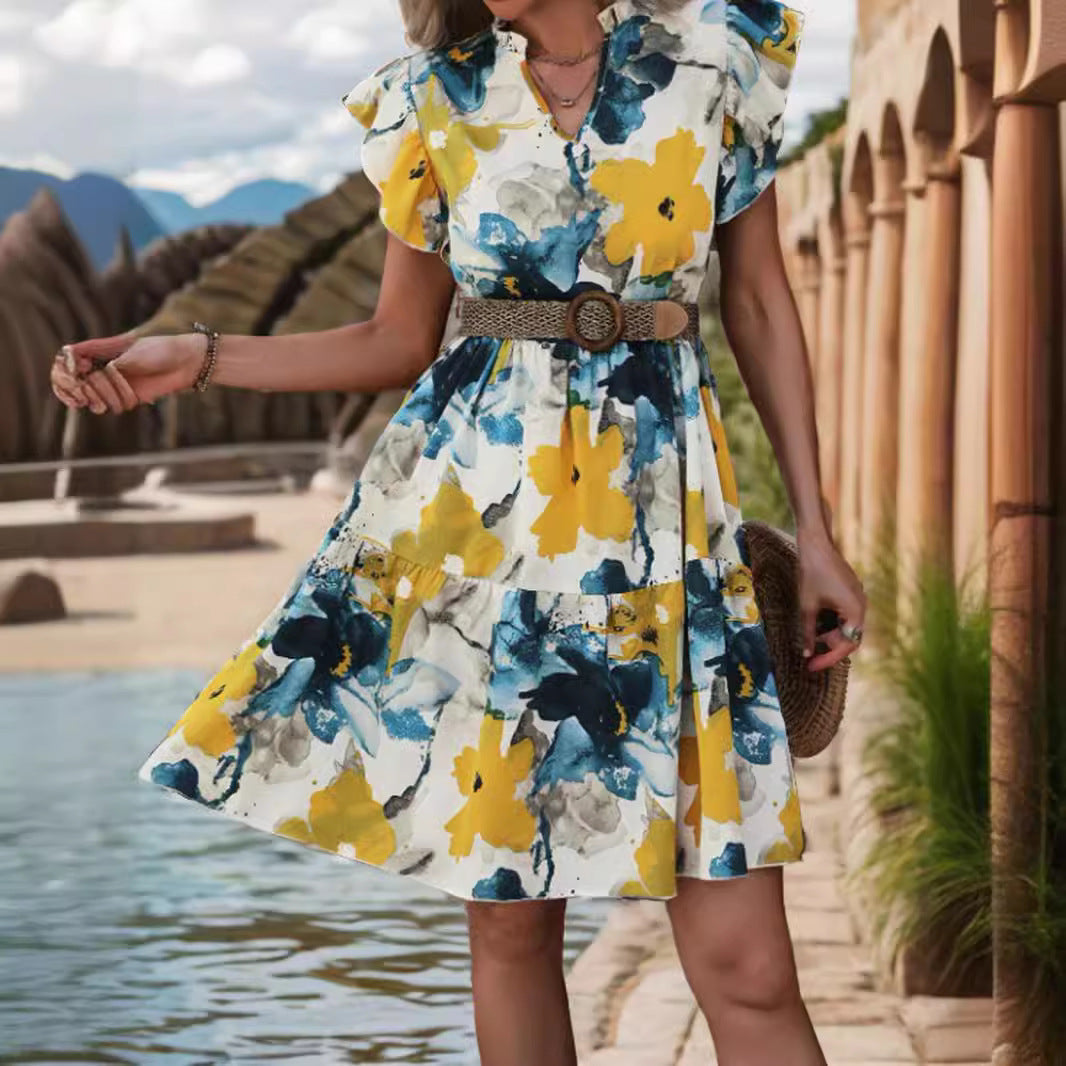 Damklänning A-Linje Midi Tryckt Polyester-3