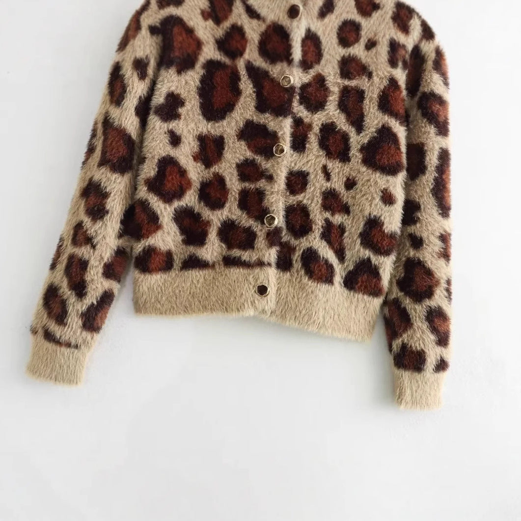 Dam Cardigan Leopardmönster Värmande Fleece Långärmad-4