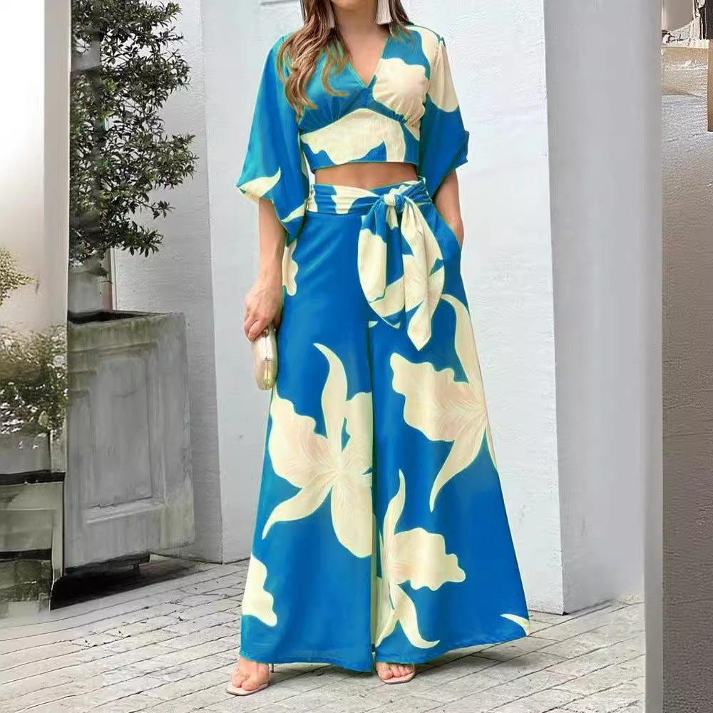 Kvinnors Abstrakt Mönstrad Top med Lyktärmar och Högmidjade Byxor Polyester 3