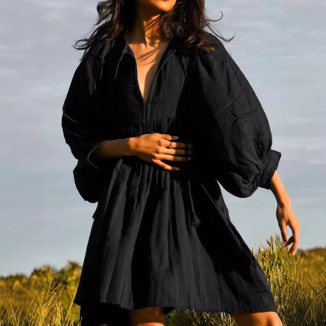 Sommarklänning Dam V-hals Puffärmar Bomull 5