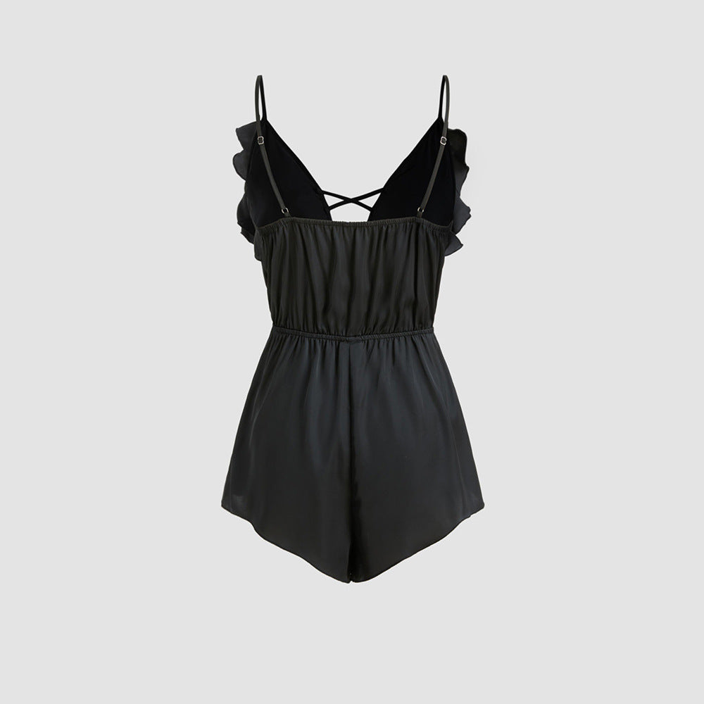 Dam Bodysuit Djup V-ringning Ärmlös Polyester Ruffle Hem-4
