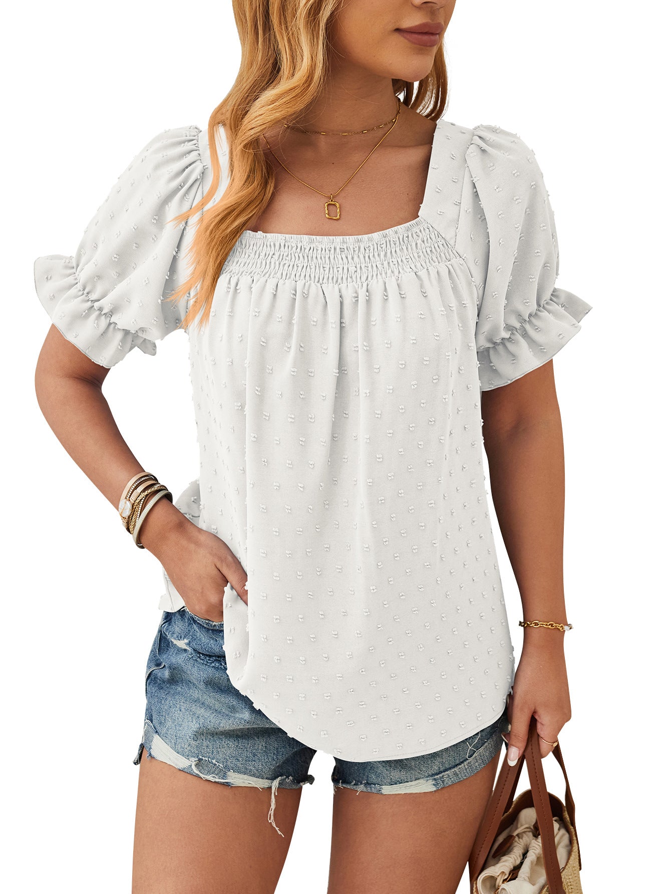 Dam Blus Chiffong Puffärmar Fyrkantig Halsringning 9