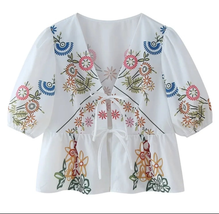 Dam Blus V-Hals Blommig Broderi Lätt Tyg 11