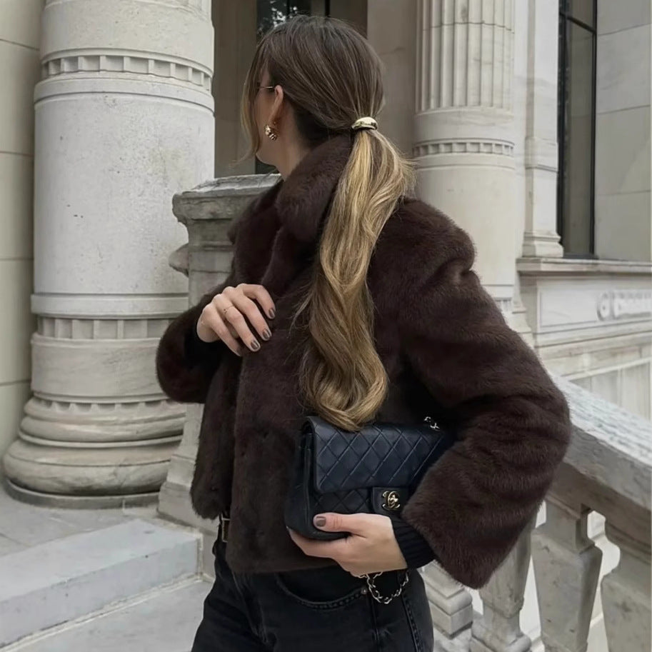 Kvinnors Pelzajacka Elegant Lapel Konstgjort Päls-3