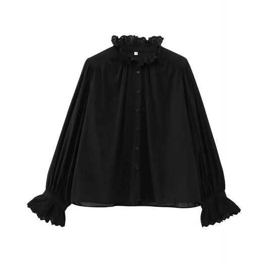 Dam Blusskjorta Broderad Monokrom 100% Bomull LĂ„nga Ărmar-1