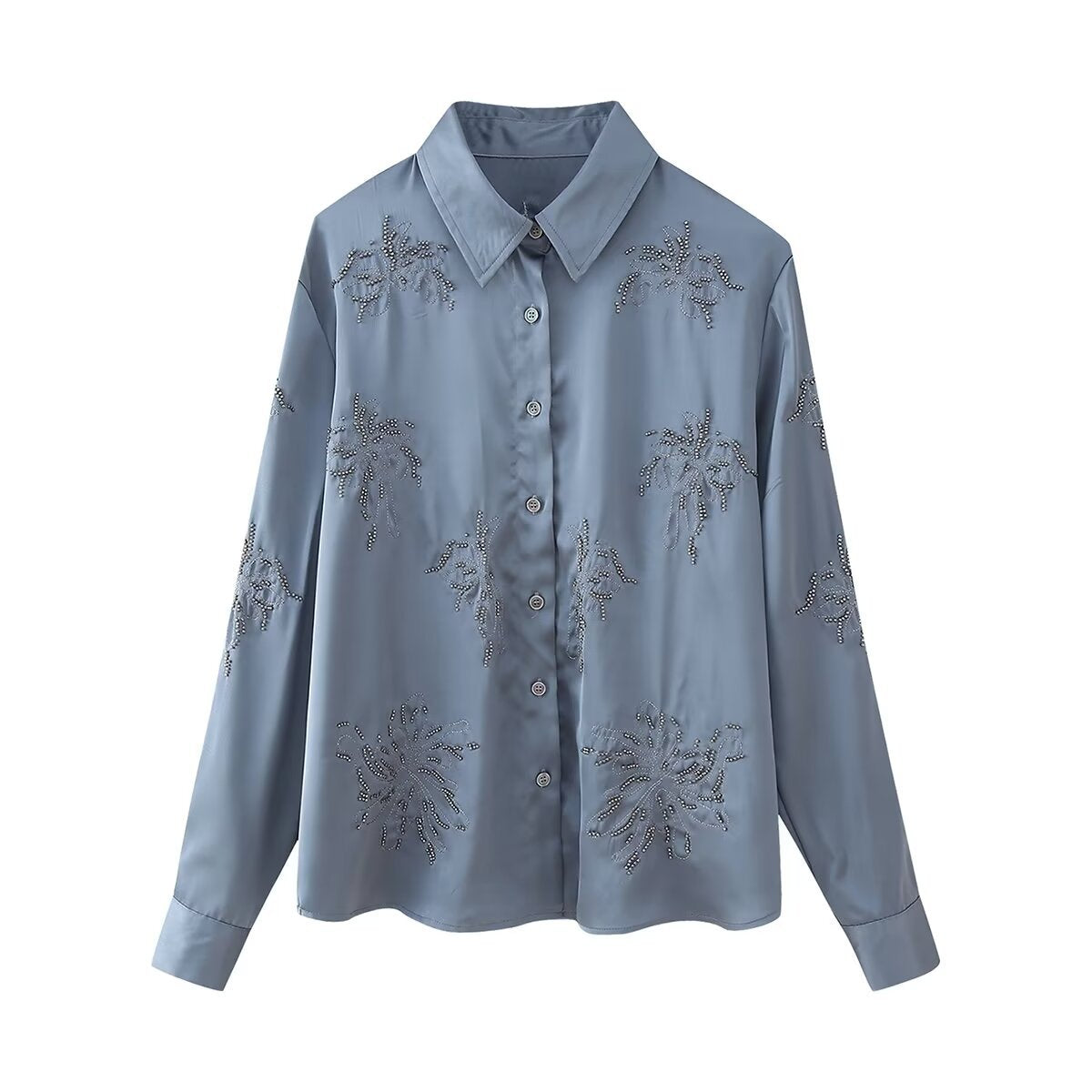 Variant image for Dam Långärmad Skjorta och Fritidbyxor Set i Bomull - Blommigt Mönster för Avslappnad Stil-7