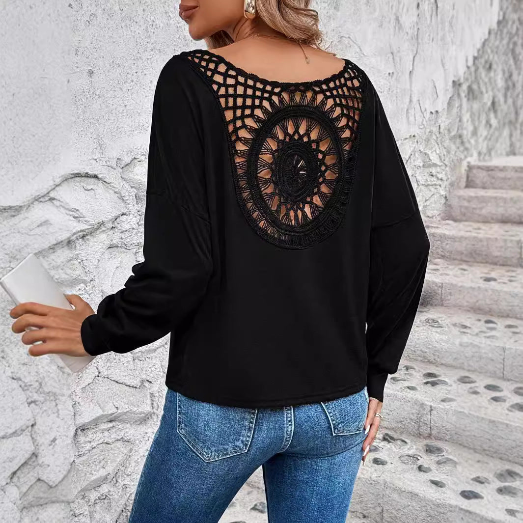 Dam Långärmad T-Shirt Viskos Enfärgad V-Hals Löst Sittande-3