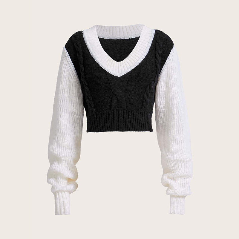 Kvinnors Stickad Tröja V-ringning Ullmix Kort Design Flätmönster 3