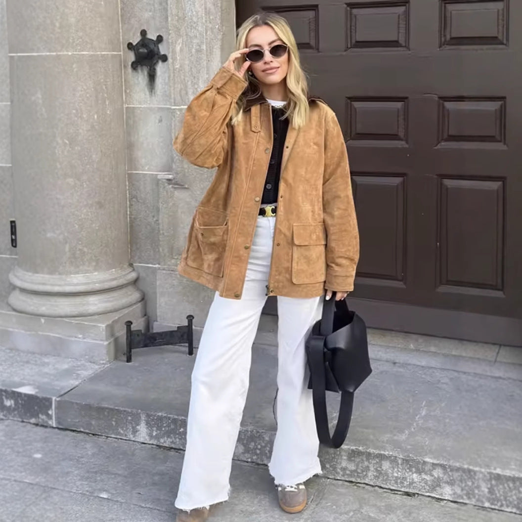 Damjacka i Mocka med Hög Krage och Praktiska Fickor - Elegant Jacka för Dam 6