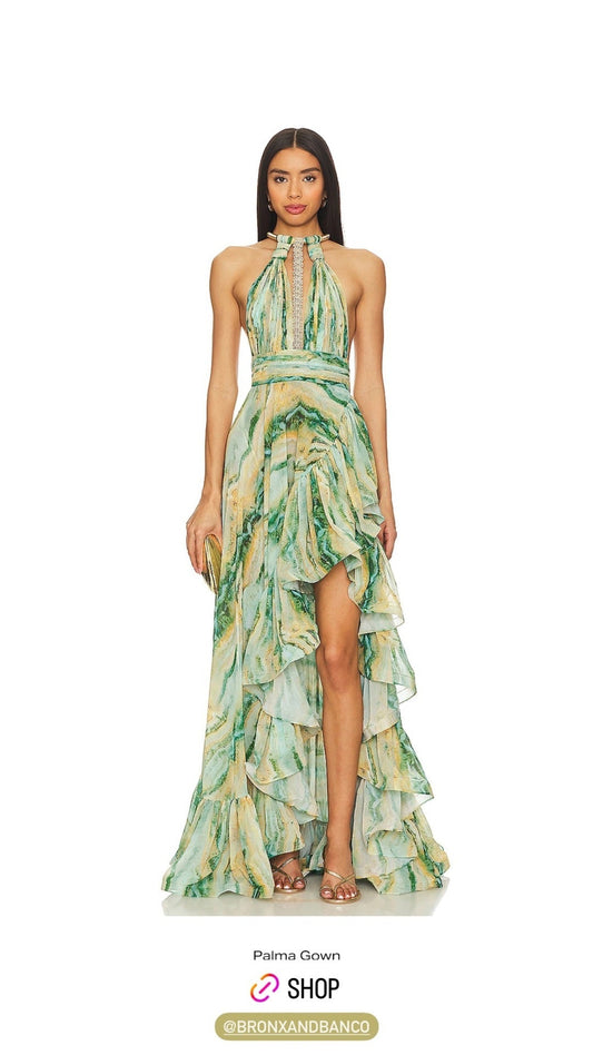 Dam A-linjeformad LÄng KlÀnning V-ringning Polyester Tryckt Mönster-1