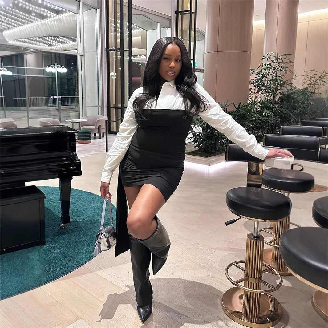 Damklänning med Vänd Krage Polyester Kort Kjol Långa Ärmar-4