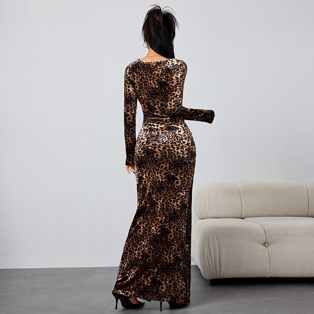 Dam Klänning A-Line Leopardmönster Lång Ärmar Polyester-3