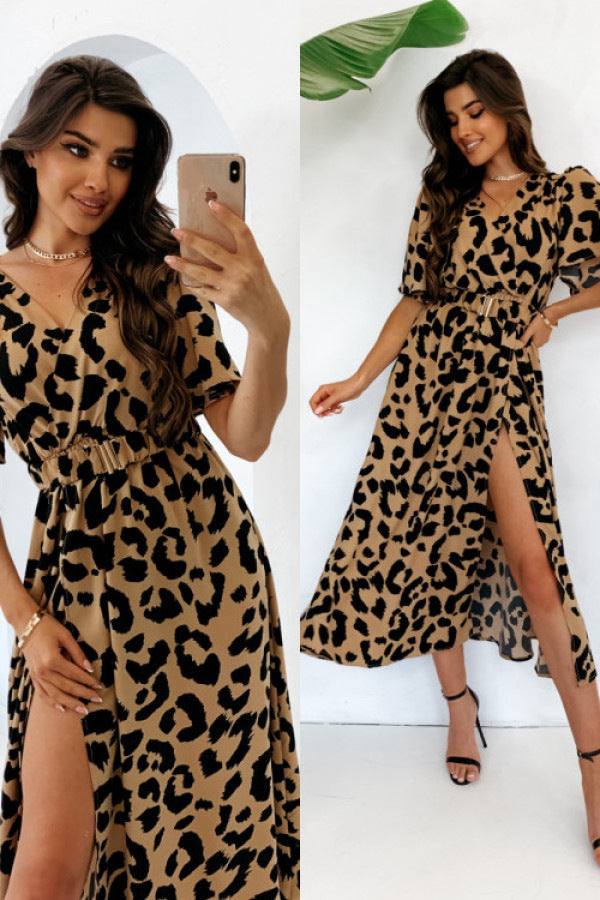Variant image for Kvinnors Midi Klänning V-ringning Långärmad Polyester Leopardmönster-1