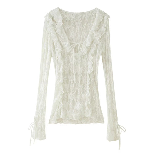 Dam V-hals Topp Långärmad Streetwear 100% Bomull-1