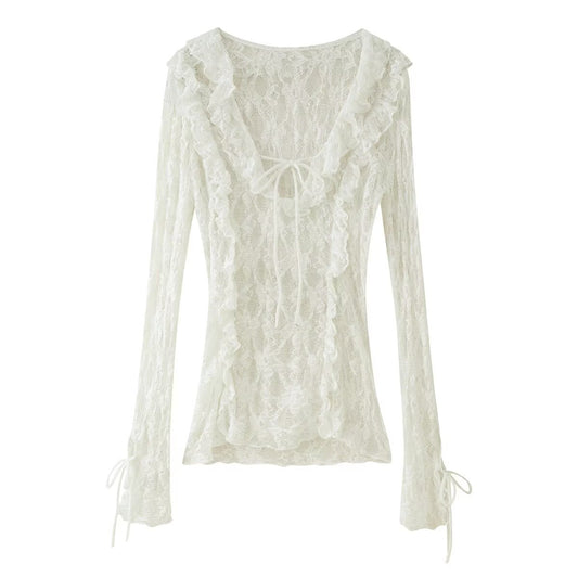 Dam V-hals Topp LÄngÀrmad Streetwear 100% Bomull-1