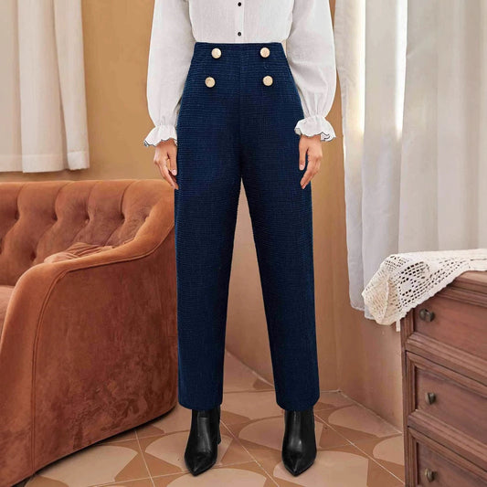 Kvinnor Hög Midja Byxor Elegant Design HÄllbart Tyg med Dekorativa Knappar 1