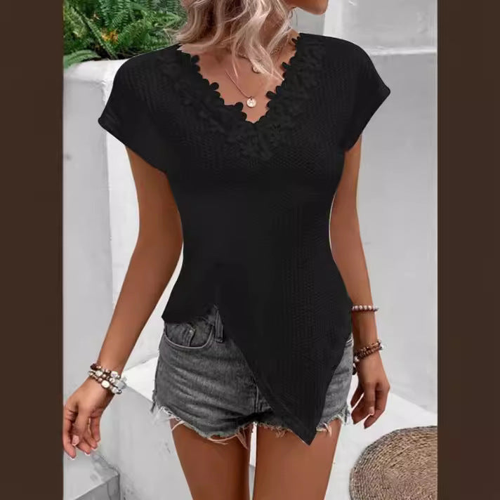 Dam T-shirt V-ringad med Spetsdetaljer i Bomull och Spandex-1