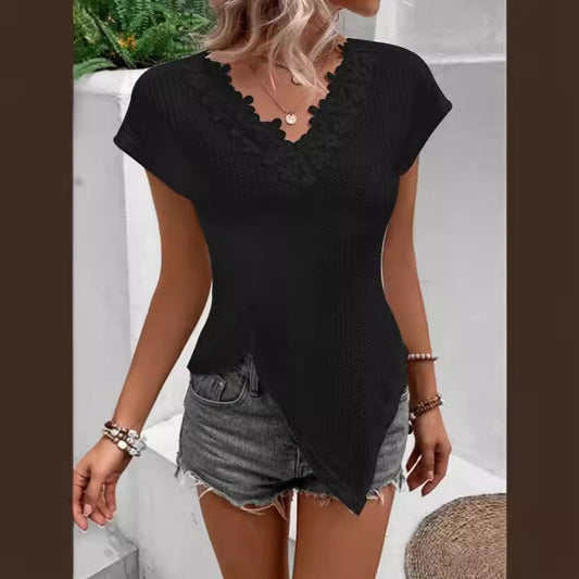 Dam T-shirt V-ringad med Spetsdetaljer i Bomull och Spandex-1