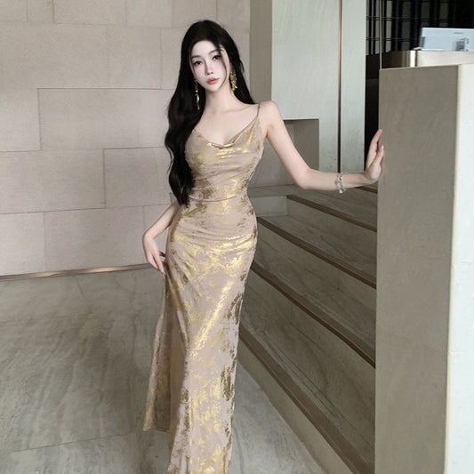 Långklänning Dam Spaghetti Band Off-Shoulder Lätt Polyester-1