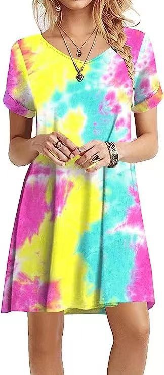 Damenkleid Lässig Mit Farbgradient, Kurze Ärmel, 100% Baumwolle – Festliches Kleid Für Sommerevents 1