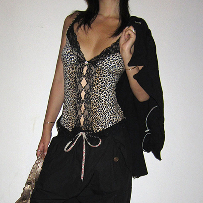 Kvinnors Camisole Leopardmönster Spetsdetaljer Elastiskt Tyg 3