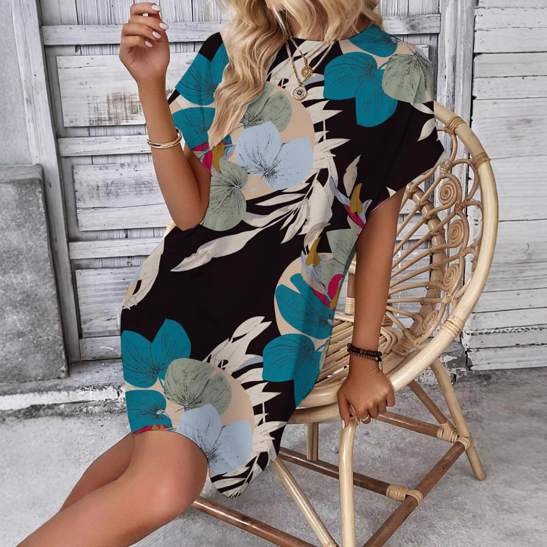 Dam Stickad Klänning Blommönster med Fickor Polyester Spandex-5