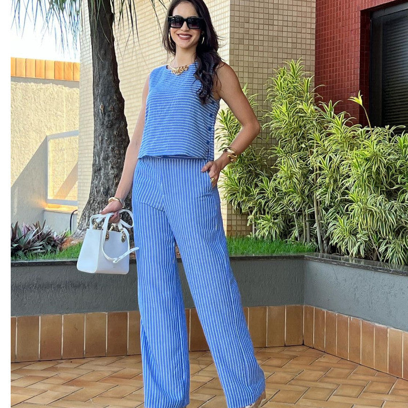 Dam Set Löst Topp Ärmlös Polyester Raka Byxor-2