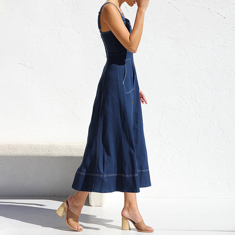 Dam Maxiklänning A-Line Denim Utan Ärmar Sliten Look 3