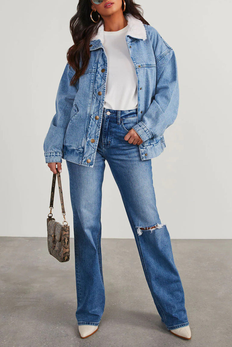 Kvinnors Denimjacka Modern Snitt Fleecekrage Denim 4