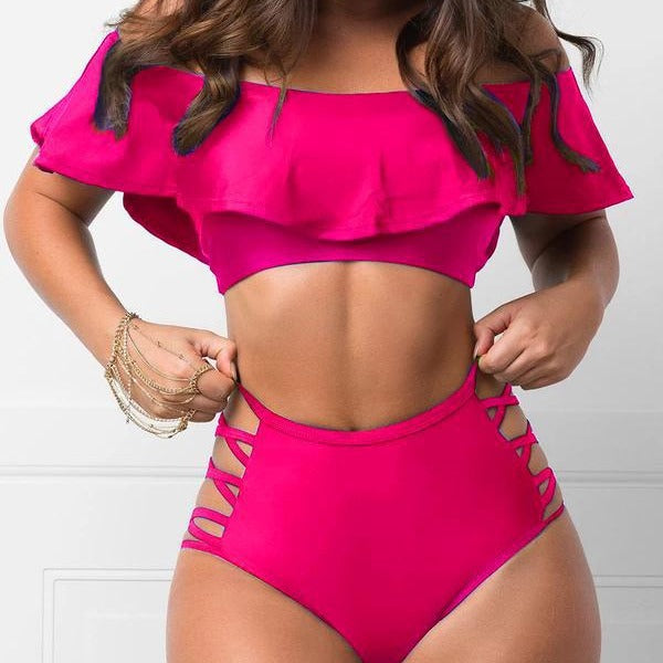 Bikiniuppsättning för Damer med Ruffles och Slitsdetaljer i Syntetisk Fiber – Perfekt för Strand och Pool 3
