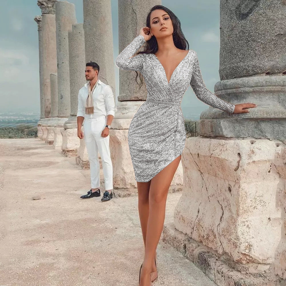 Dam Klänning Midi V-hals Patchwork Design Lång Ärmar-1