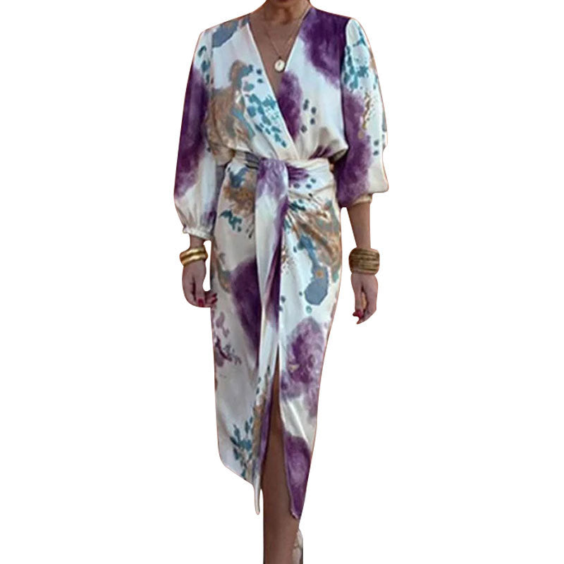 Dam Tvådelad Uppsättning V-ringning Långärmad Polyester Midirock-6