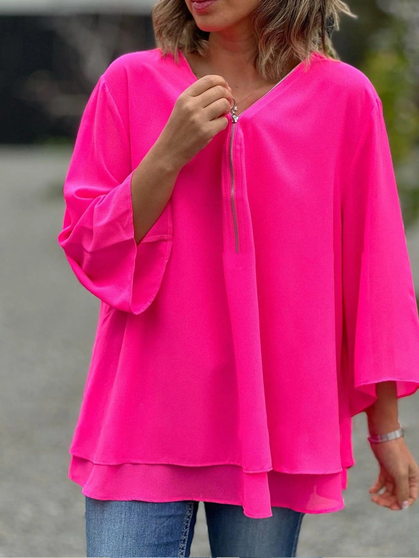 Dam Chiffon Topp Löst Fit med V-ringning och Dragkedja 9