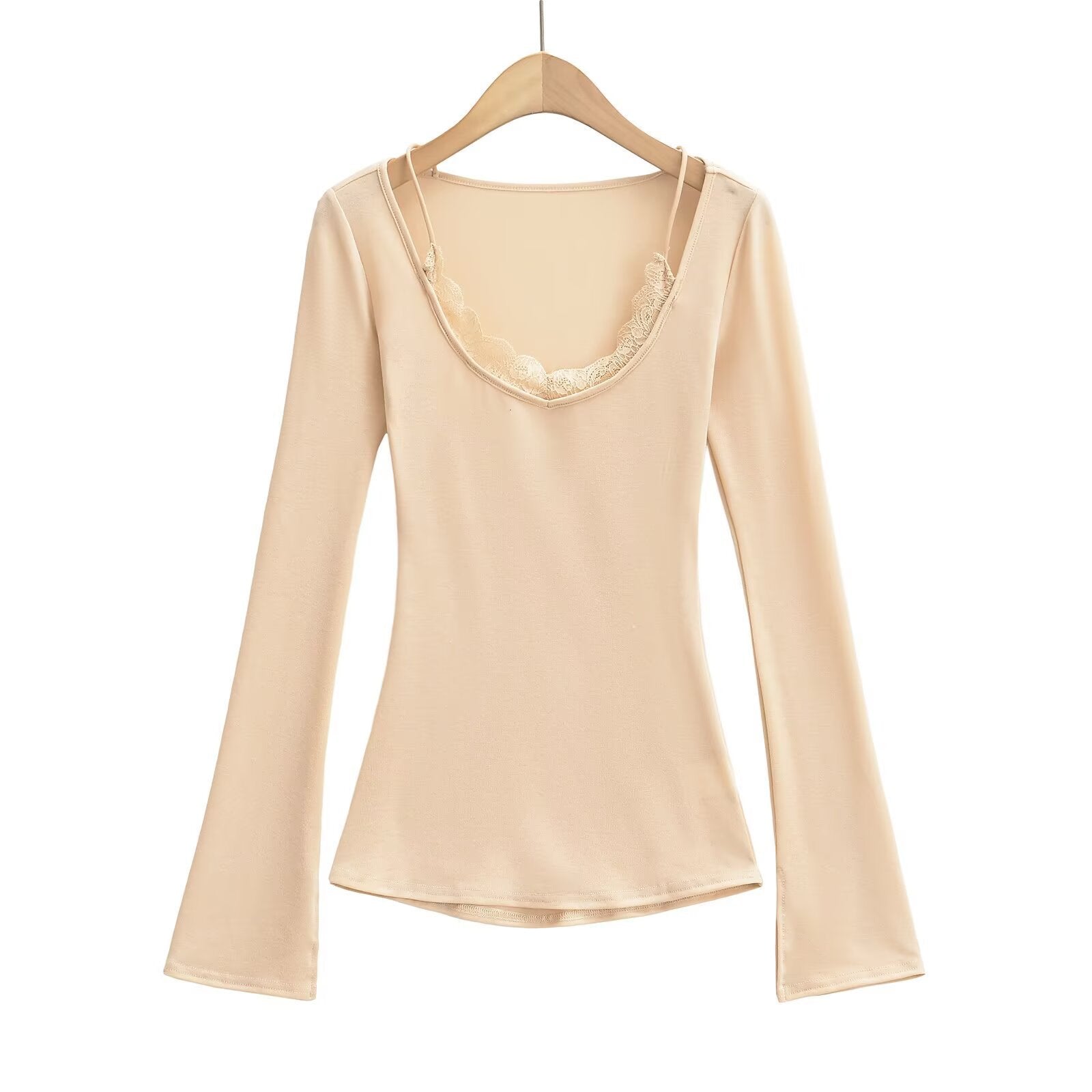 Långärmad Topp med V-ringning i Mjuk Bomullsmix – Figur-hugging Passform och Utställda Ärmar, Flera Färger 9