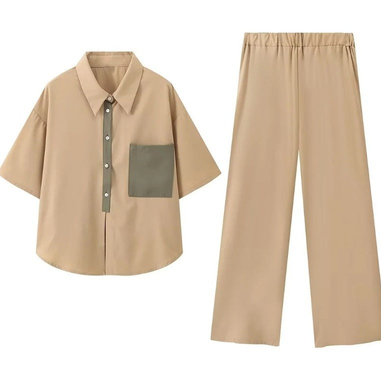 Tvådelat Set Dam Avslappnad Skjorta och Breda Byxor i Andningsbar Bomullsblandning 4