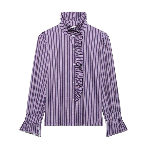 Dam Blus Ruffles Figurnära Bomullsblandning 1