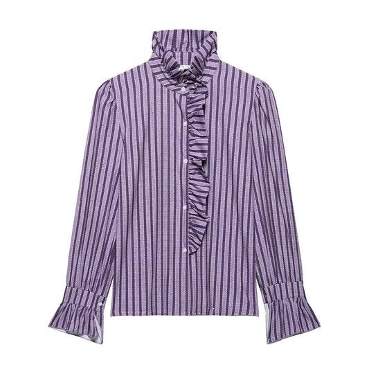 Dam Blus Ruffles Figurnära Bomullsblandning 1