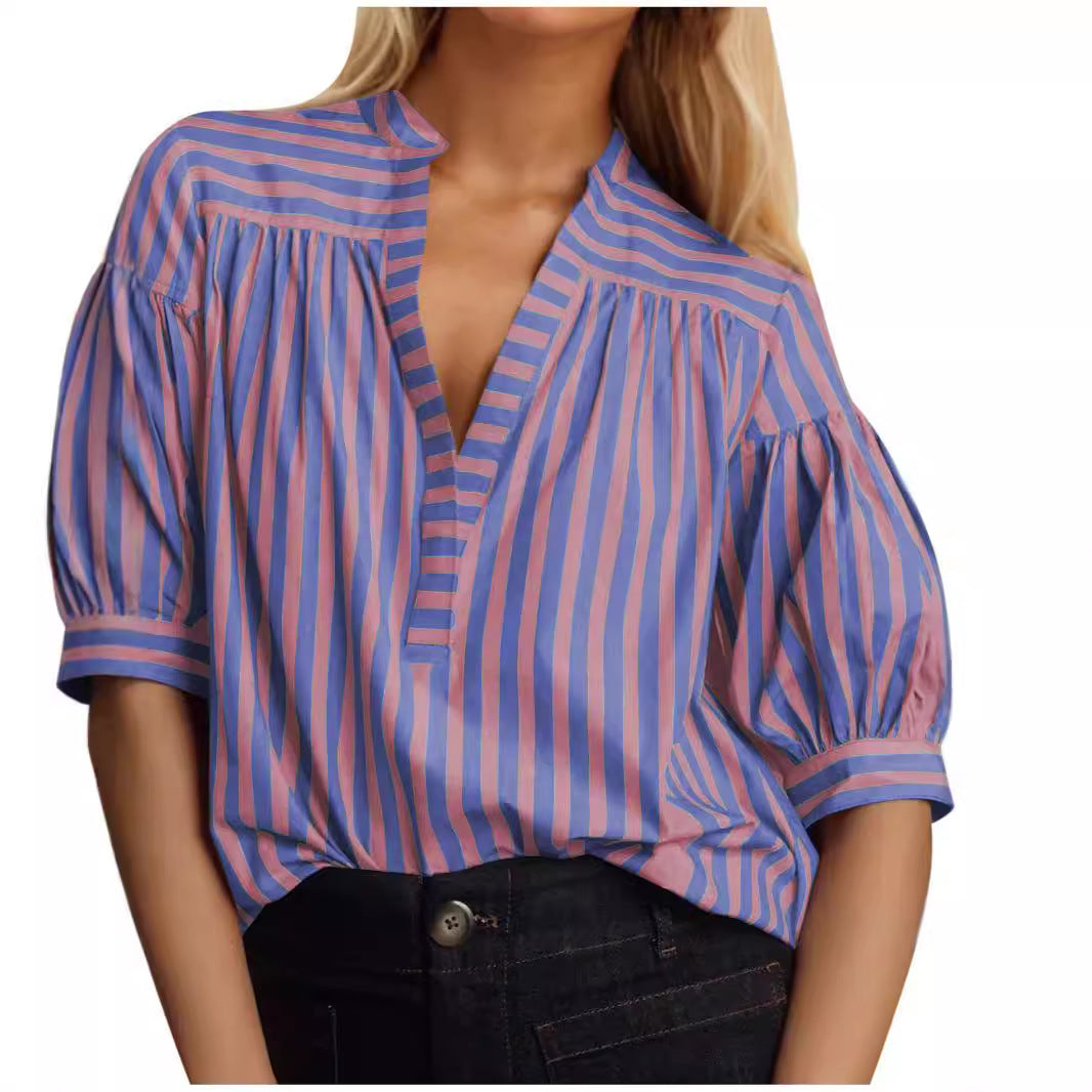 Dam V-hals Topp Randig Lapptäcke Chiffon-4