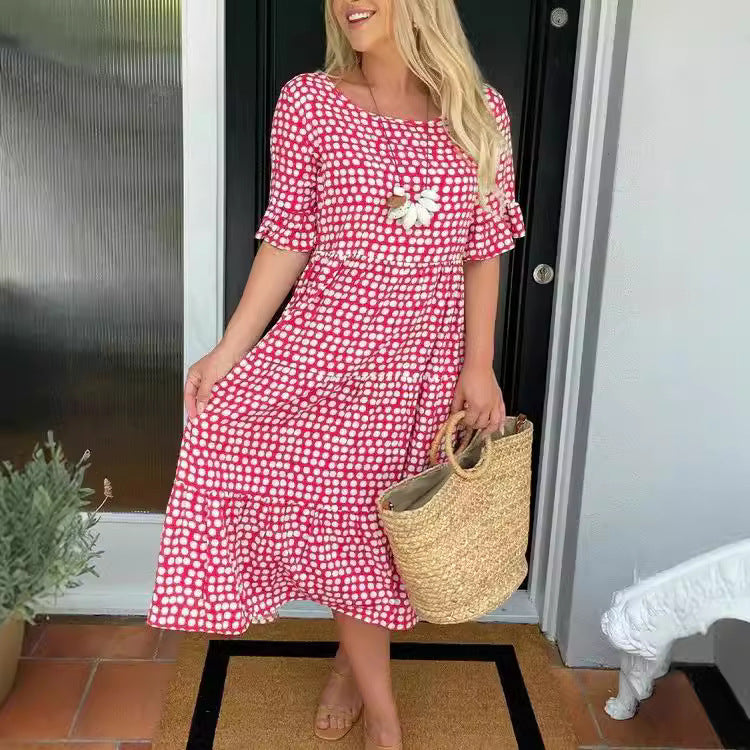 Fina Dam Klänningar Rundad Kortärmad Polyester Elegant Design-6