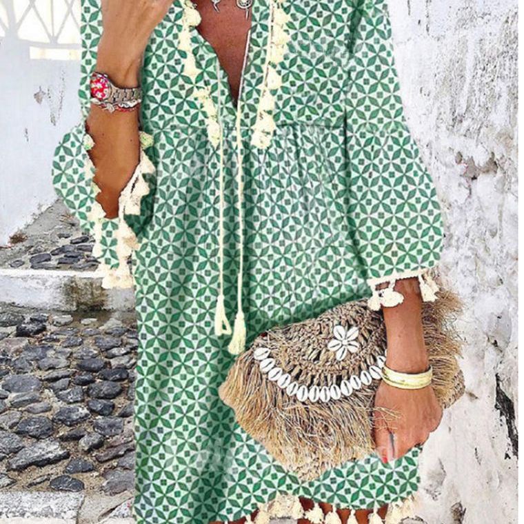 Dam Klänning V-ringad Blommönster A-linjeformad Polyester med Fransar-3