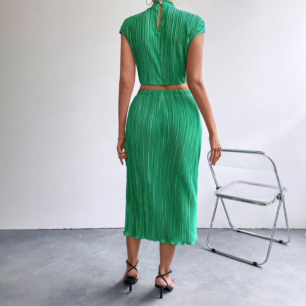 Ärmlös Midi-Rock Klänning för Dam i Grön Polyester med Rynkade Detaljer – Elegant och Fina Dam Klänningar 4