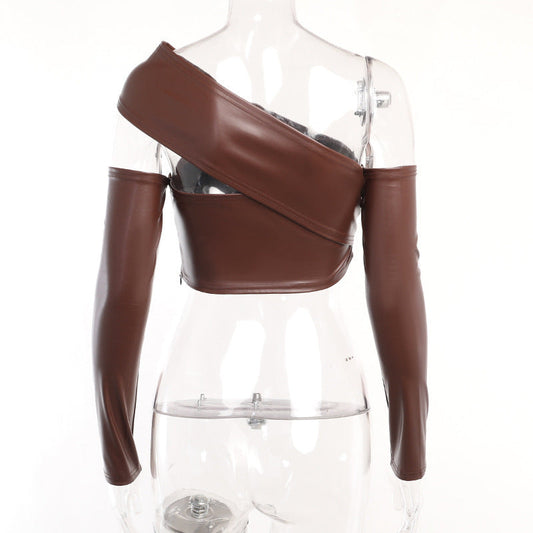 Asymmetrisches Festliches Oberteil für Damen mit Langen Ärmeln – Elastische Synthetik in Schwarz, Weiß, Grau, Größen S-XL 1